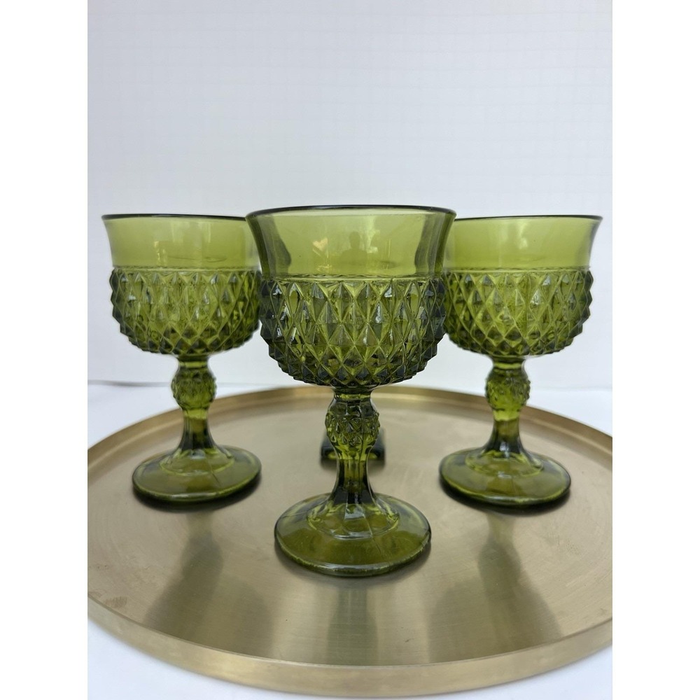 Vintage Indiana Glass Green Diamond Point Goblets Set of 4 Mid Century Stemware